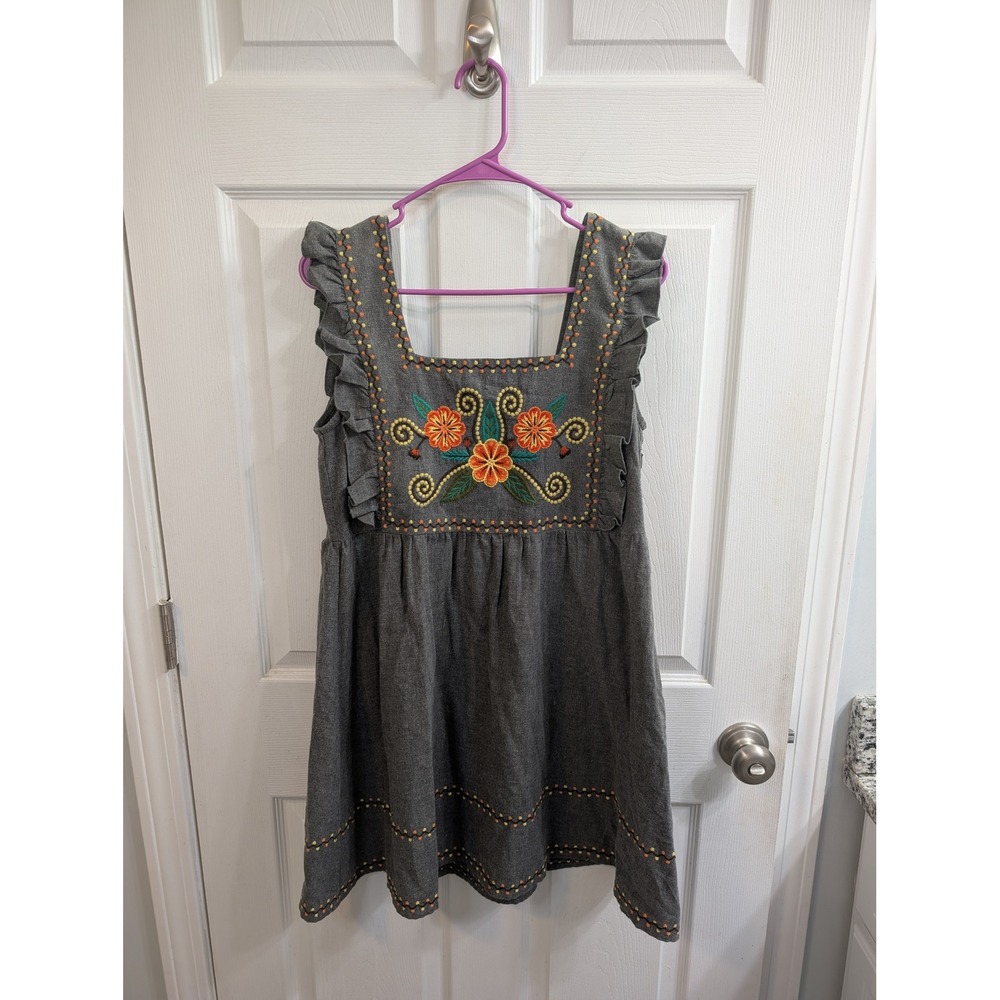 Leandra Medine x Mango Dress Womens Grey‎ Embroidered Ruffle Folk - Size M
